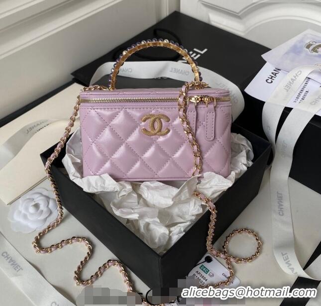 Good Looking Chanel Shiny Crumpled Lambskin Clutch with Chain and Pearls Top Handle AP3804 Light Purple 2024