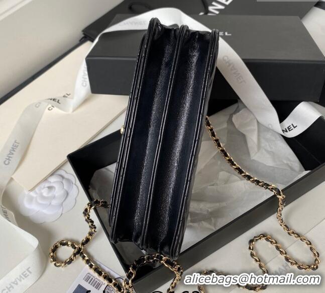 Super Quality Chanel Shiny Crumpled Lambskin Clutch with Chain and Pearls Top Handle AP3803 Black 2024