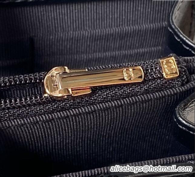 Super Quality Chanel Shiny Crumpled Lambskin Clutch with Chain and Pearls Top Handle AP3803 Black 2024