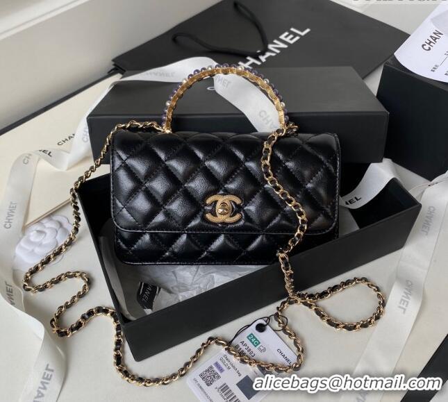 Super Quality Chanel Shiny Crumpled Lambskin Clutch with Chain and Pearls Top Handle AP3803 Black 2024