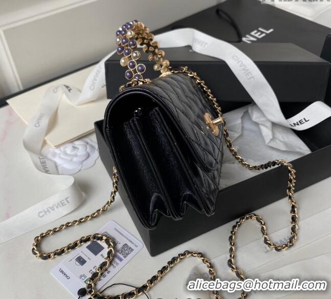 Super Quality Chanel Shiny Crumpled Lambskin Clutch with Chain and Pearls Top Handle AP3803 Black 2024