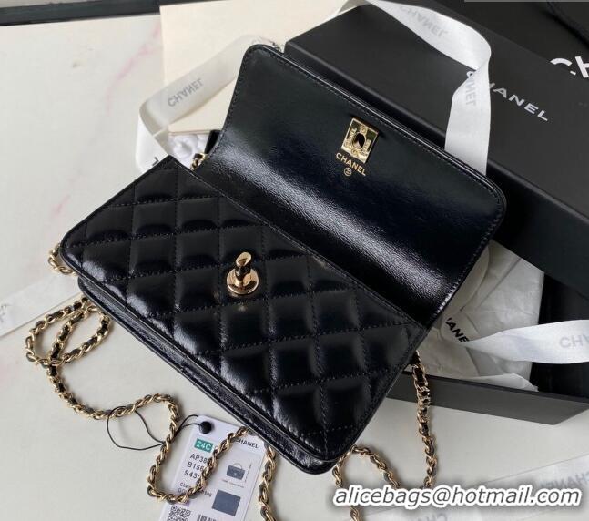 Super Quality Chanel Shiny Crumpled Lambskin Clutch with Chain and Pearls Top Handle AP3803 Black 2024