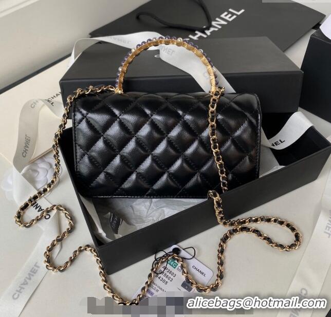 Super Quality Chanel Shiny Crumpled Lambskin Clutch with Chain and Pearls Top Handle AP3803 Black 2024