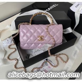 Inexpensive Chanel Shiny Crumpled Lambskin Clutch with Chain and Pearls Top Handle AP3803 Light Purple 2024