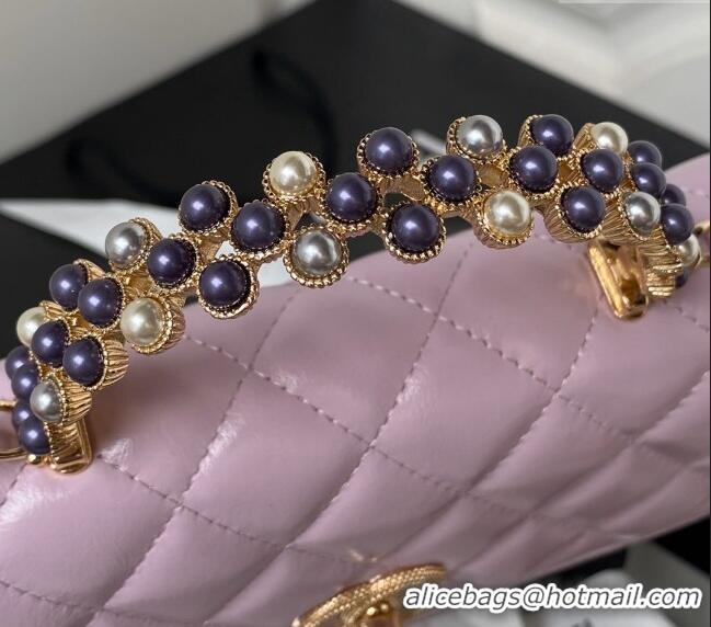 Inexpensive Chanel Shiny Crumpled Lambskin Clutch with Chain and Pearls Top Handle AP3803 Light Purple 2024