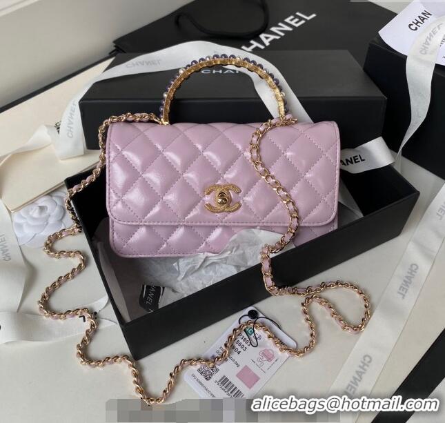 Inexpensive Chanel Shiny Crumpled Lambskin Clutch with Chain and Pearls Top Handle AP3803 Light Purple 2024