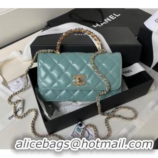 Best Grade Chanel Shiny Crumpled Lambskin Clutch with Chain and Pearls Top Handle AP3803 Green 2024