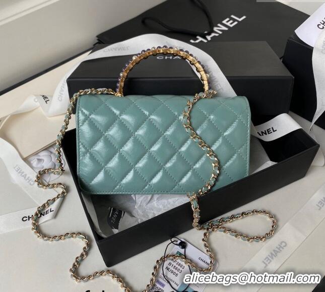 Best Grade Chanel Shiny Crumpled Lambskin Clutch with Chain and Pearls Top Handle AP3803 Green 2024