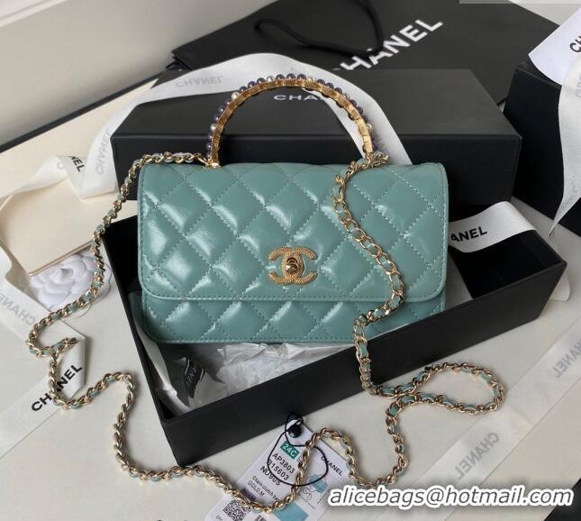 Best Grade Chanel Shiny Crumpled Lambskin Clutch with Chain and Pearls Top Handle AP3803 Green 2024