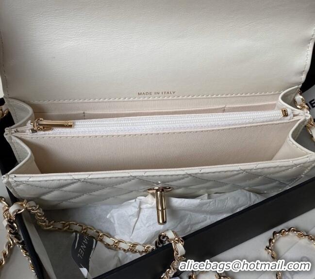 Cheapest Chanel Shiny Crumpled Lambskin Clutch with Chain and Pearls Top Handle AP3803 White 2024