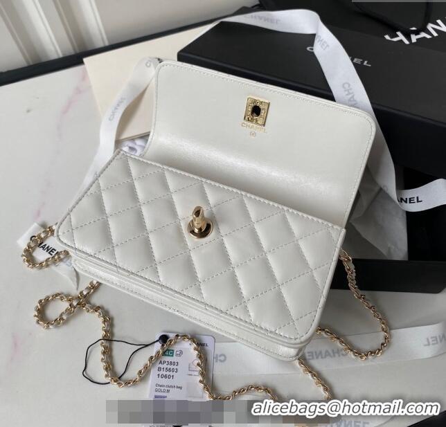 Cheapest Chanel Shiny Crumpled Lambskin Clutch with Chain and Pearls Top Handle AP3803 White 2024