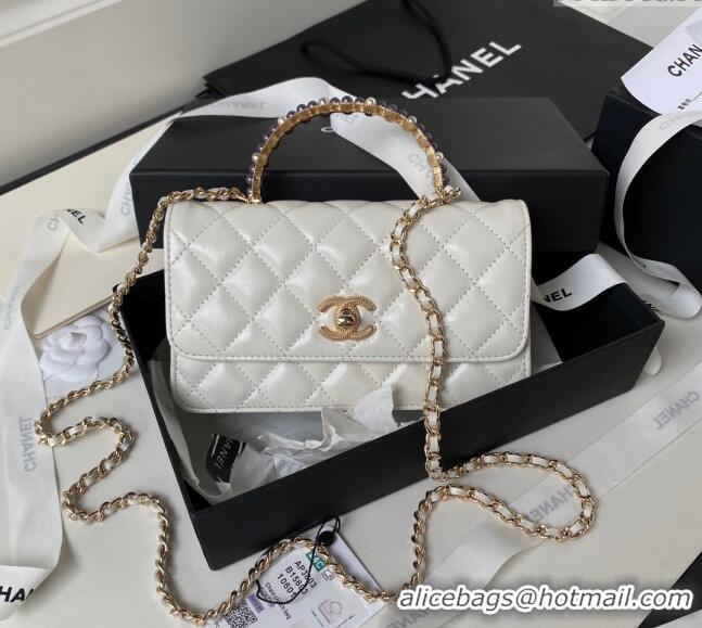 Cheapest Chanel Shiny Crumpled Lambskin Clutch with Chain and Pearls Top Handle AP3803 White 2024