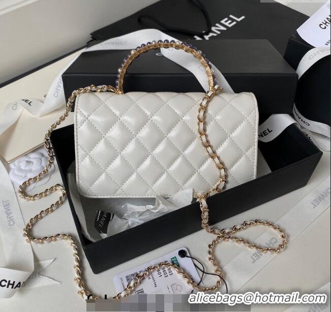 Cheapest Chanel Shiny Crumpled Lambskin Clutch with Chain and Pearls Top Handle AP3803 White 2024