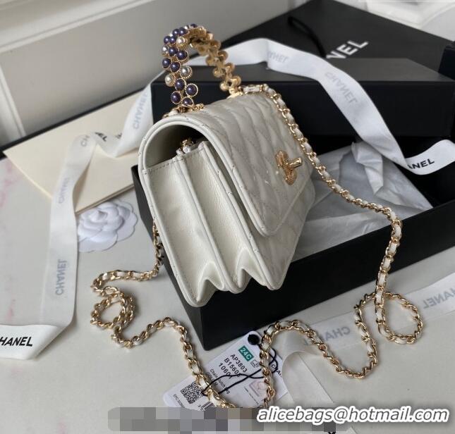 Cheapest Chanel Shiny Crumpled Lambskin Clutch with Chain and Pearls Top Handle AP3803 White 2024