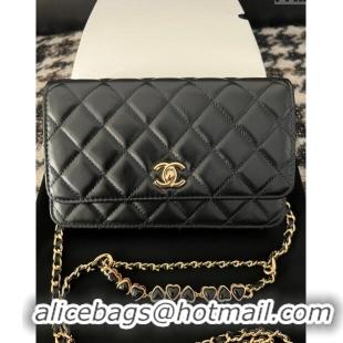 Famous Brand Chanel Shiny Crumpled Lambskin Wallet On Heart Chain WOC AP3785 Black 2024