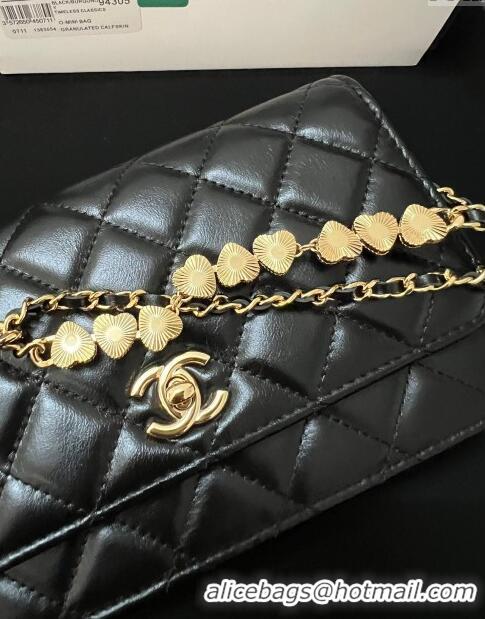 Famous Brand Chanel Shiny Crumpled Lambskin Wallet On Heart Chain WOC AP3785 Black 2024