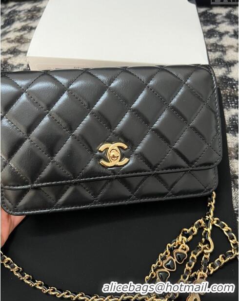 Famous Brand Chanel Shiny Crumpled Lambskin Wallet On Heart Chain WOC AP3785 Black 2024