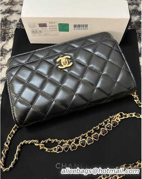 Famous Brand Chanel Shiny Crumpled Lambskin Wallet On Heart Chain WOC AP3785 Black 2024