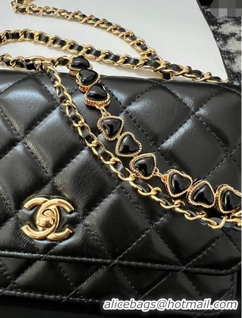 Famous Brand Chanel Shiny Crumpled Lambskin Wallet On Heart Chain WOC AP3785 Black 2024