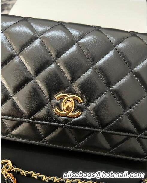 Famous Brand Chanel Shiny Crumpled Lambskin Wallet On Heart Chain WOC AP3785 Black 2024