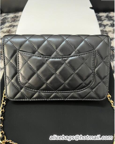 Famous Brand Chanel Shiny Crumpled Lambskin Wallet On Heart Chain WOC AP3785 Black 2024