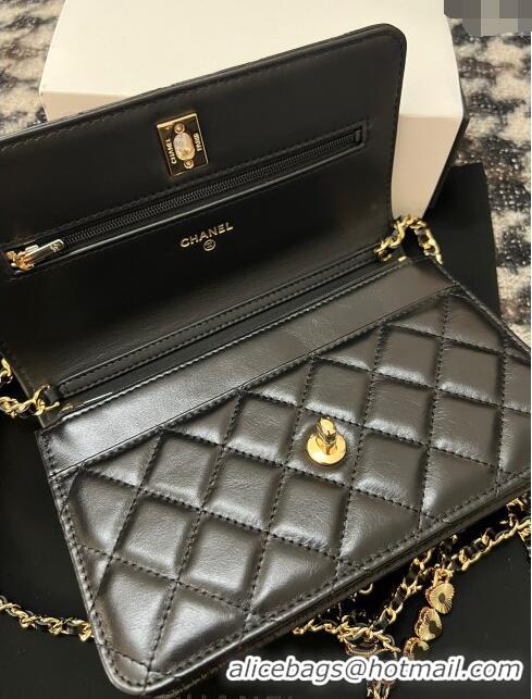 Famous Brand Chanel Shiny Crumpled Lambskin Wallet On Heart Chain WOC AP3785 Black 2024