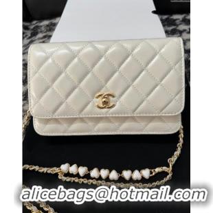 Well Crafted Chanel Shiny Crumpled Lambskin Wallet On Heart Chain WOC AP3785 White 2024