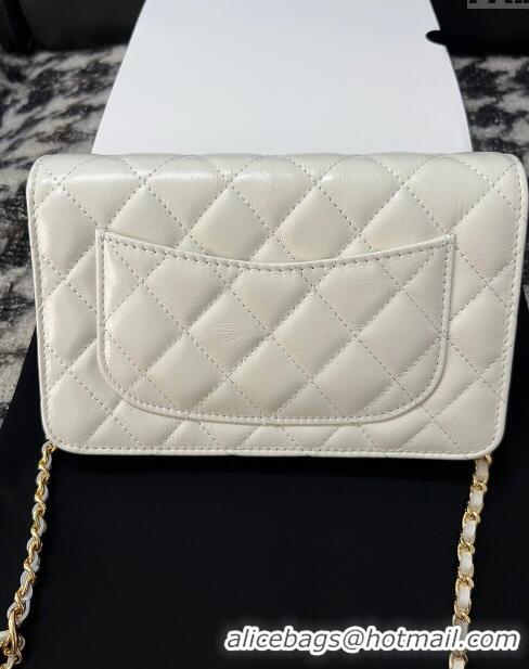 Well Crafted Chanel Shiny Crumpled Lambskin Wallet On Heart Chain WOC AP3785 White 2024