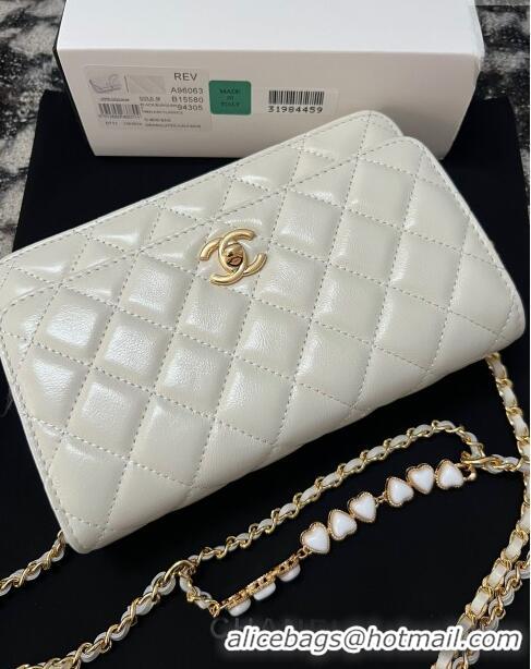 Well Crafted Chanel Shiny Crumpled Lambskin Wallet On Heart Chain WOC AP3785 White 2024