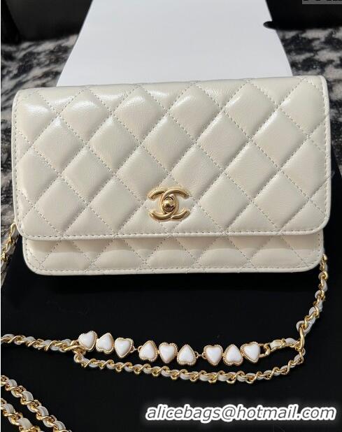 Well Crafted Chanel Shiny Crumpled Lambskin Wallet On Heart Chain WOC AP3785 White 2024