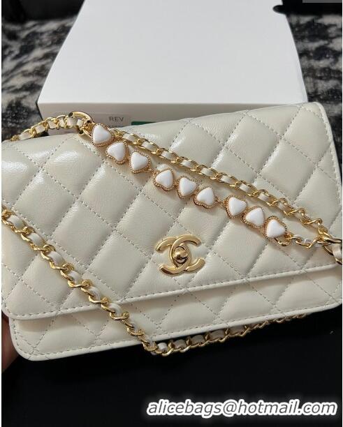 Well Crafted Chanel Shiny Crumpled Lambskin Wallet On Heart Chain WOC AP3785 White 2024