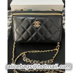 New Cheap Chanel Shiny Crumpled Lambskin Clutch with Heart Chain WOC AP3784 Black 2024