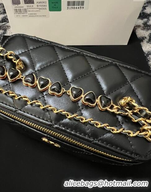 New Cheap Chanel Shiny Crumpled Lambskin Clutch with Heart Chain WOC AP3784 Black 2024