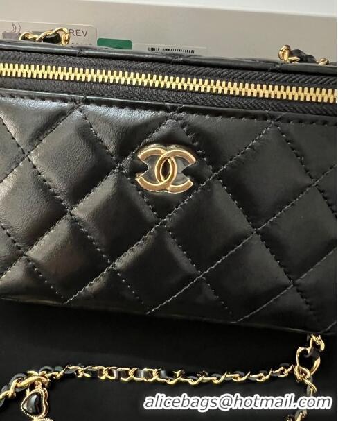 New Cheap Chanel Shiny Crumpled Lambskin Clutch with Heart Chain WOC AP3784 Black 2024