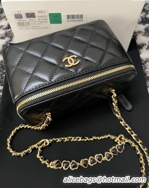 New Cheap Chanel Shiny Crumpled Lambskin Clutch with Heart Chain WOC AP3784 Black 2024