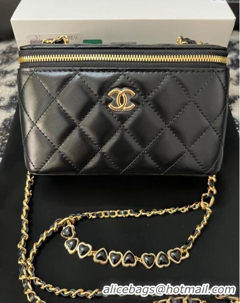 New Cheap Chanel Shiny Crumpled Lambskin Clutch with Heart Chain WOC AP3784 Black 2024