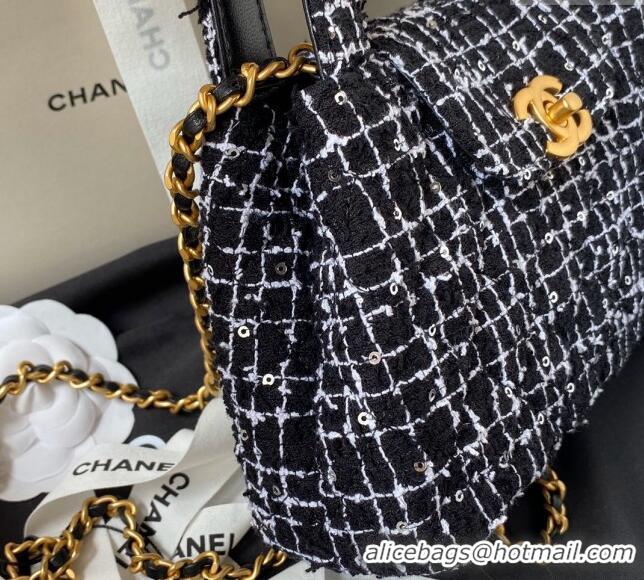 Super Quality Chanel Sequin Embroidered Tweed Mini Shopping Bag AS4416 Black/White 2024