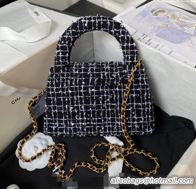 Super Quality Chanel Sequin Embroidered Tweed Mini Shopping Bag AS4416 Black/White 2024