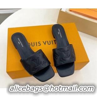 Pretty Style Louis Vuitton Neo Revival Flat Slide Sandals in Monogram Leather Black 606150