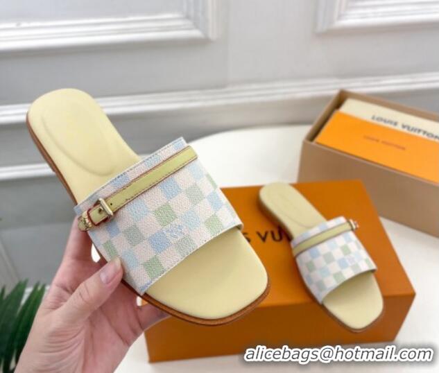 Sumptuous Louis Vuitton Neo Revival Flat Slide Sandals in Patent Damier Canvas with Buckle Green 606151