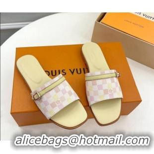 Stylish Louis Vuitton Neo Revival Flat Slide Sandals in Patent Damier Canvas with Buckle Pink 606152