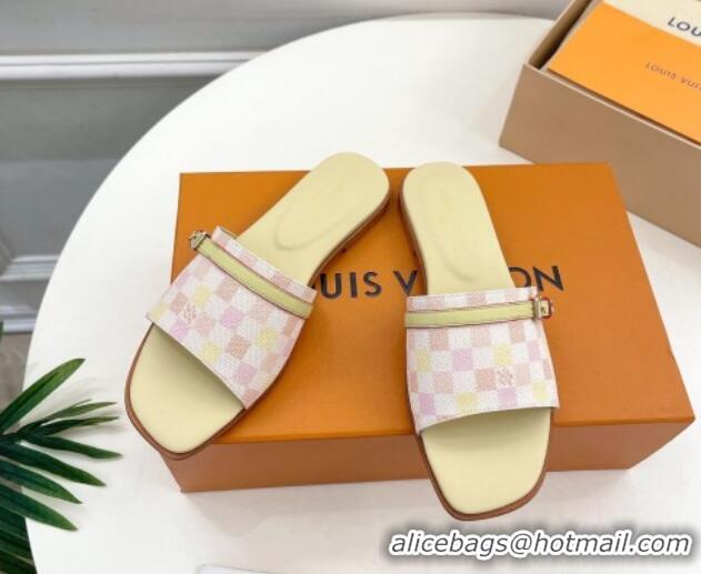 Stylish Louis Vuitton Neo Revival Flat Slide Sandals in Patent Damier Canvas with Buckle Pink 606152