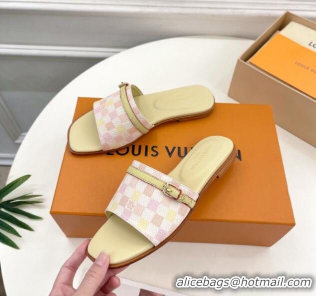 Stylish Louis Vuitton Neo Revival Flat Slide Sandals in Patent Damier Canvas with Buckle Pink 606152