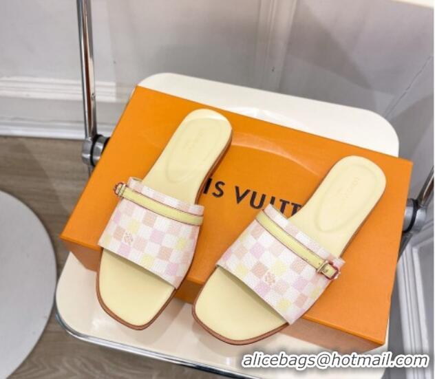 Stylish Louis Vuitton Neo Revival Flat Slide Sandals in Patent Damier Canvas with Buckle Pink 606152