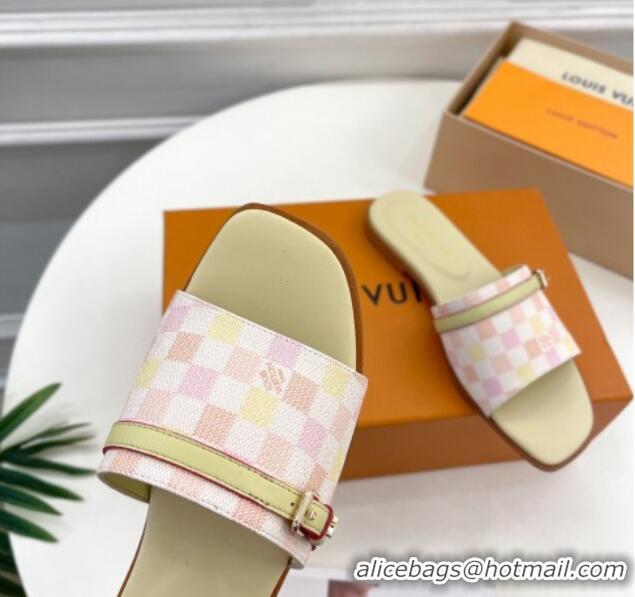 Stylish Louis Vuitton Neo Revival Flat Slide Sandals in Patent Damier Canvas with Buckle Pink 606152