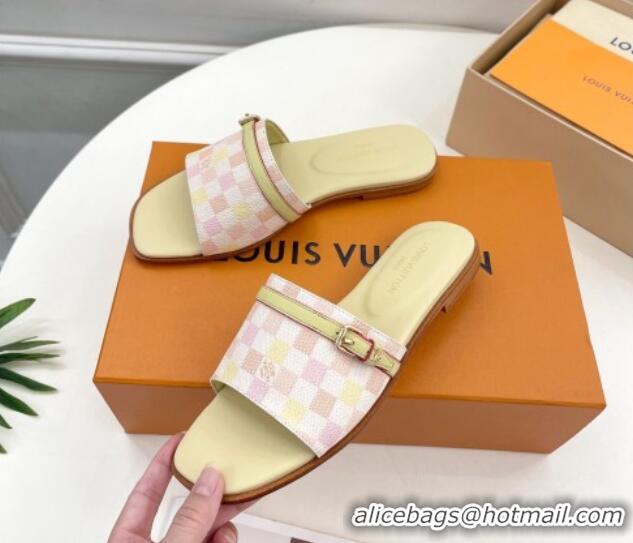 Stylish Louis Vuitton Neo Revival Flat Slide Sandals in Patent Damier Canvas with Buckle Pink 606152