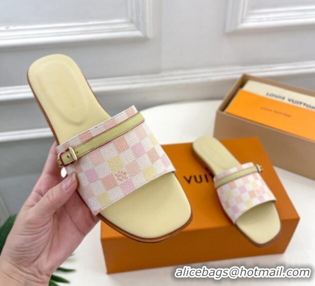 Stylish Louis Vuitton Neo Revival Flat Slide Sandals in Patent Damier Canvas with Buckle Pink 606152