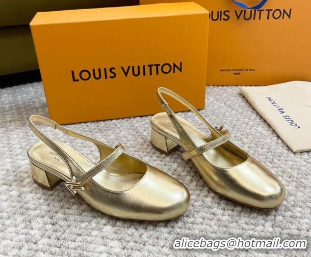 Duplicate Louis Vuitton Romy Slingback Pumps 3.5cm in Metallic Lambskin Gold 606164