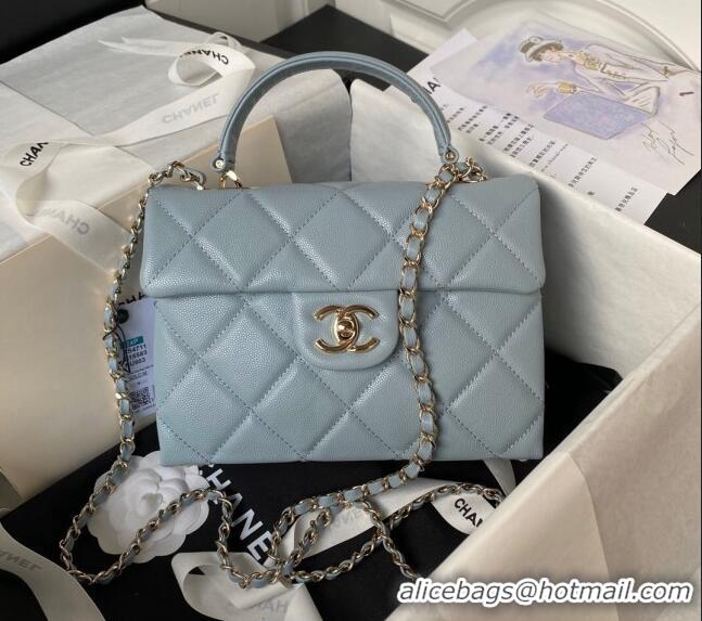 Top Grade Chanel Grained Calfskin Small Flap Bag with Top Handle AS4711 Light Blue 2024