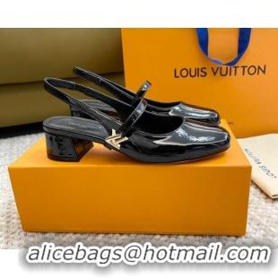 Grade Quality Louis Vuitton Romy Slingback Pumps 3.5cm in Patent Leather Black 606168